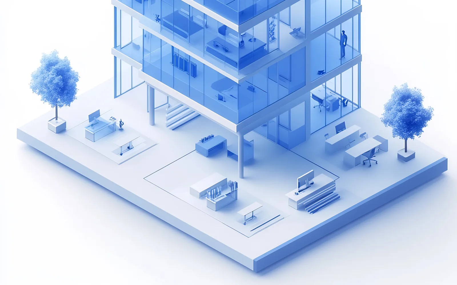 A modern office interior with glass-walled meeting rooms